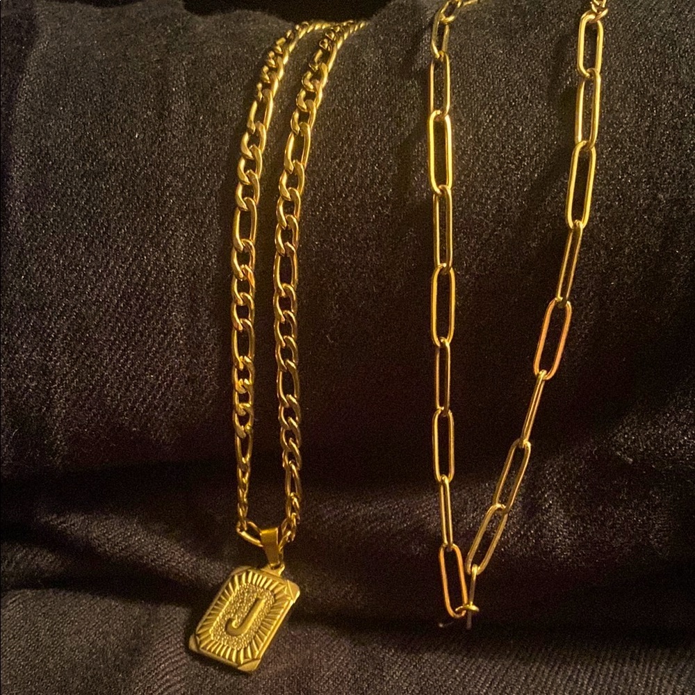 Two Gold Chain 316L Necklace Bundle One Initial J Pendant